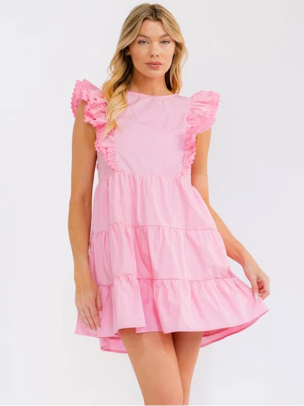 145 • Fantastic Fawn Candy Pink Ruffled Tiered Mini Dress